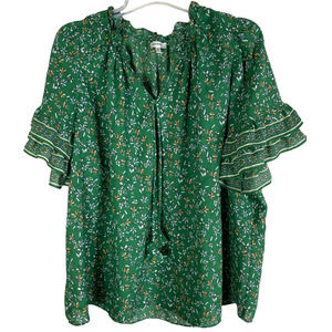 Max Studio Green Floral Ruffle Sleeve Blouse